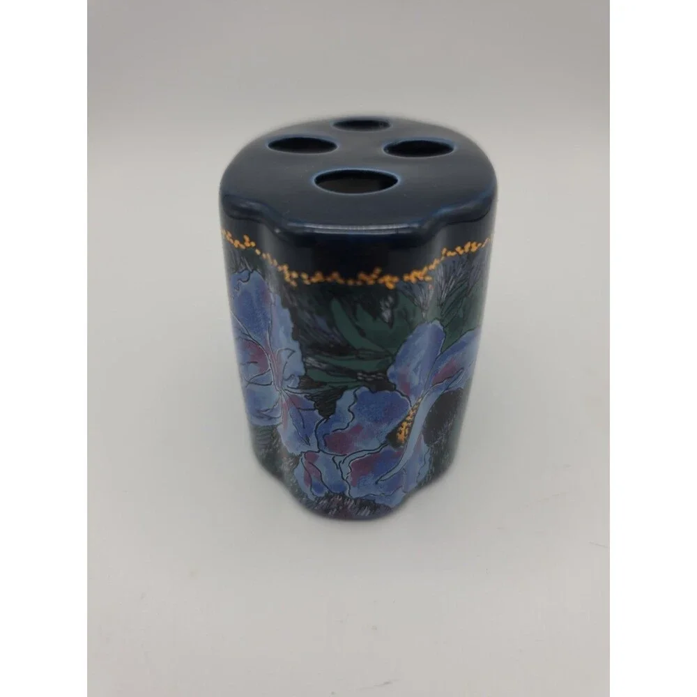 Vintage Toothbrush Holder Fantasia Pattern Made in Japan Floral Navy Blue
